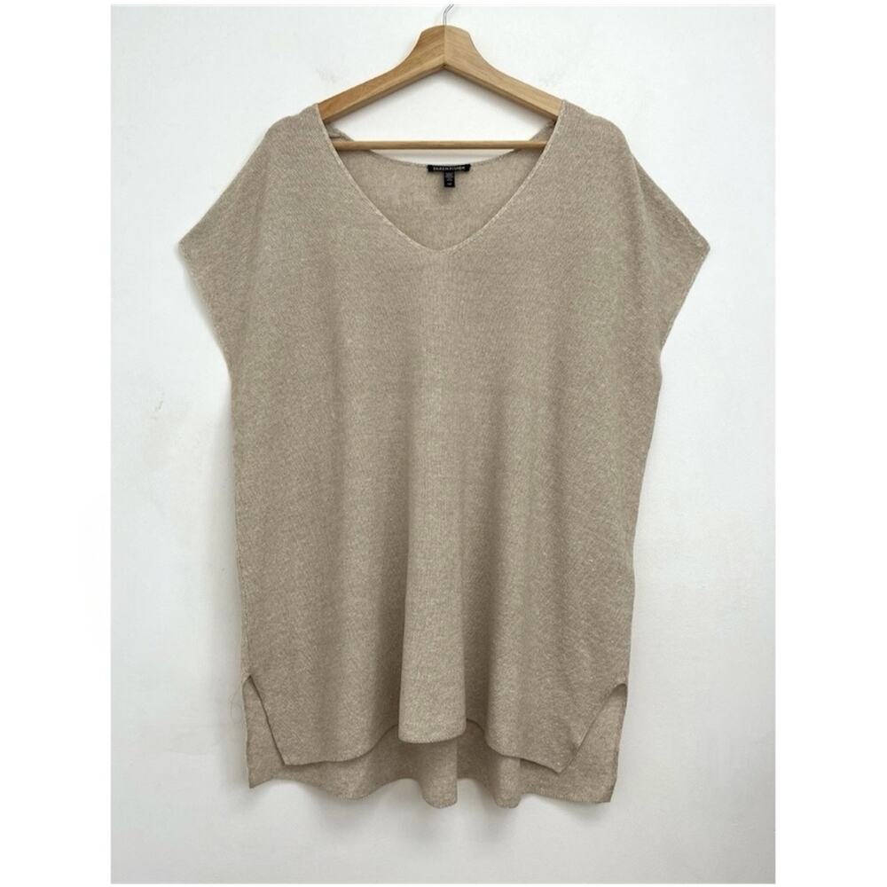 Eileen Fisher Organic Linen Blend Coastal Neutral V-Neck Cap Sleeve Tunic Large